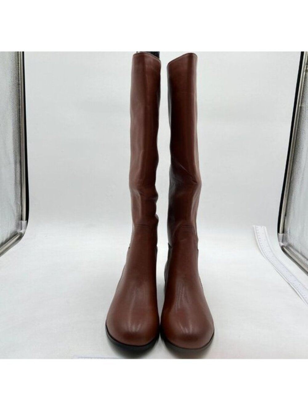 Knee High Boots Women Faux Leather Elastic Boots Low Heel Round Toe Brown